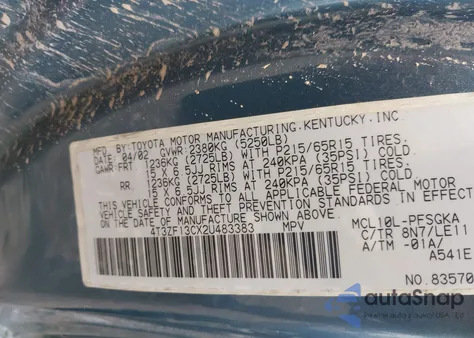 2002 Toyota Sienna Xle z USA, uszkodzony, nr VIN 4T3ZF13CX2U483383